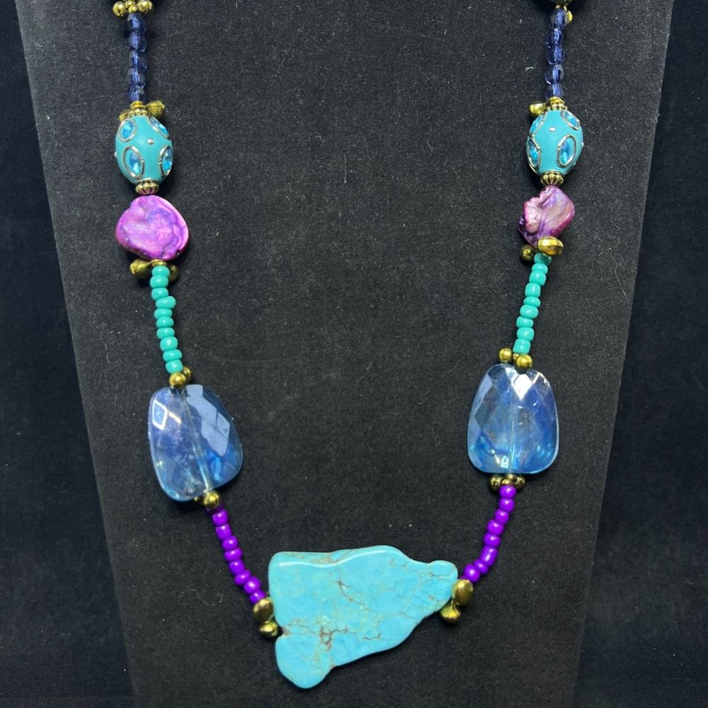 New Chico's Blue, Purple, White And Turquois Beaded Necklace 37" (4223)